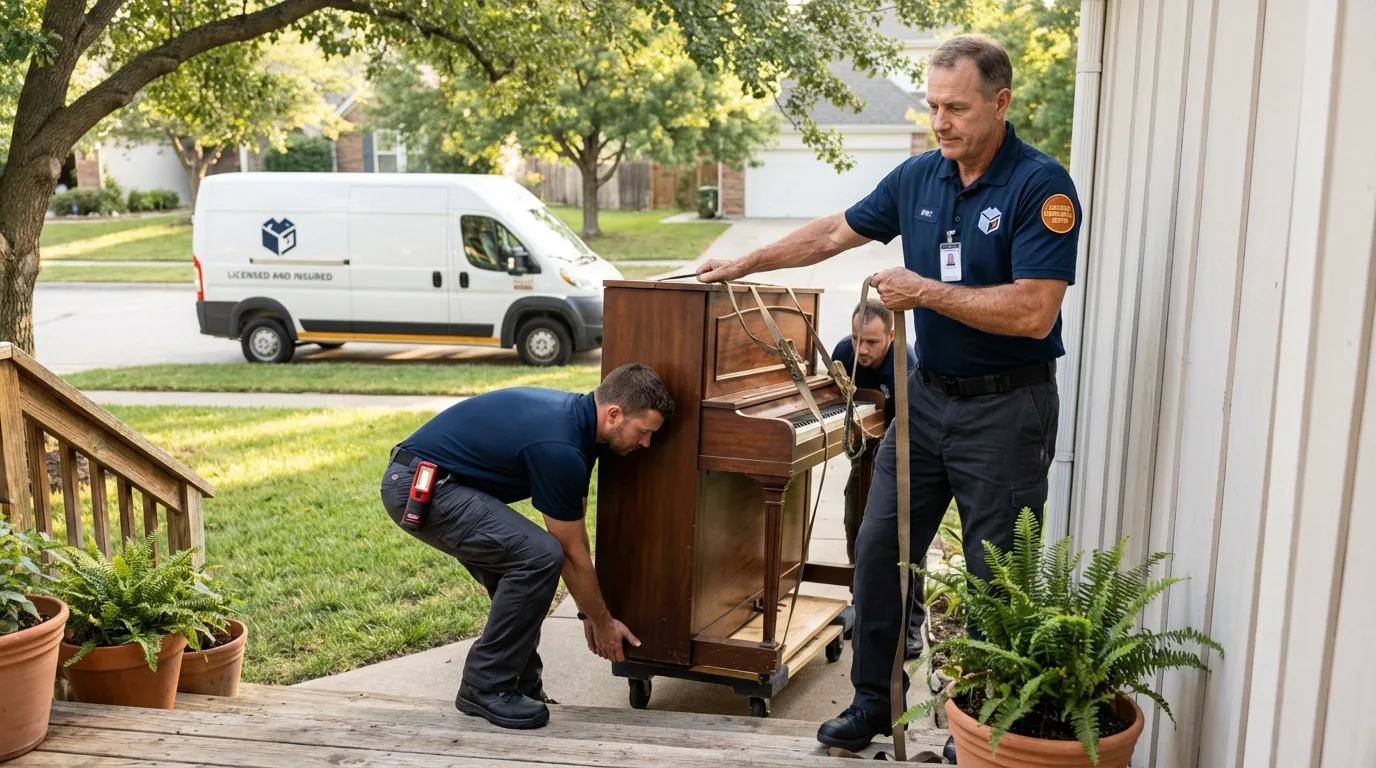 Licensed piano movers securing grand piano in Macon, GA