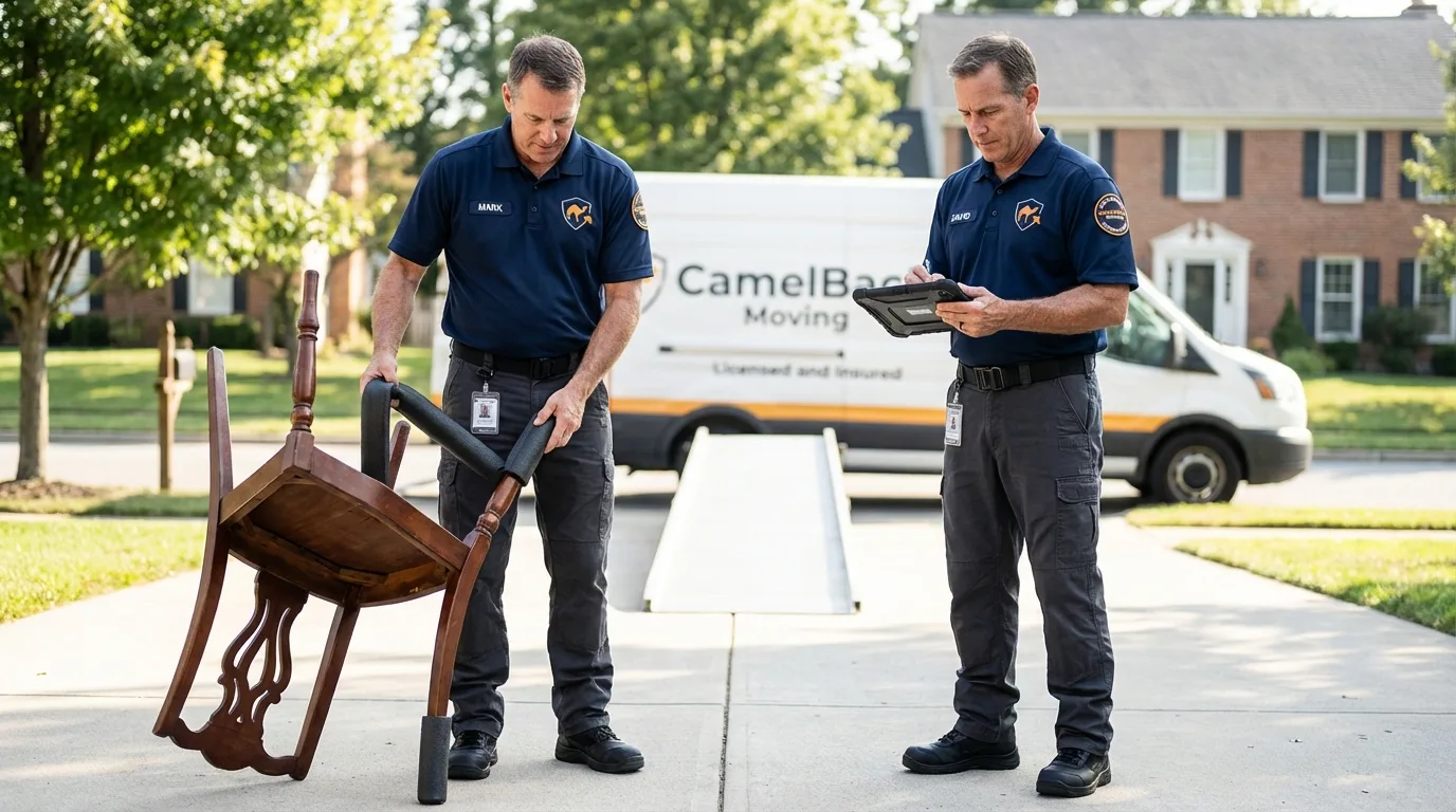 Movers inspecting furniture for damage prevention before loading in Macon, GA