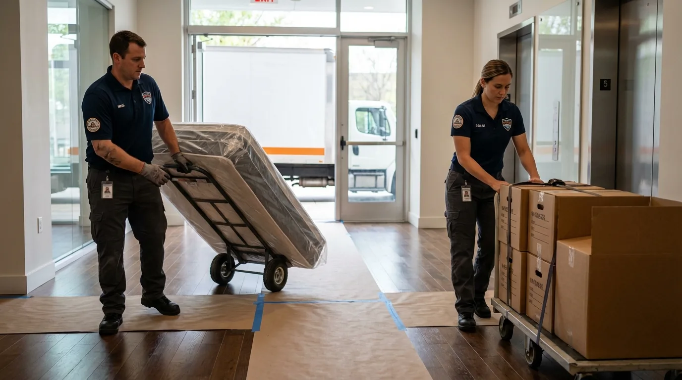 Professional apartment movers loading elevator in Macon, GA
