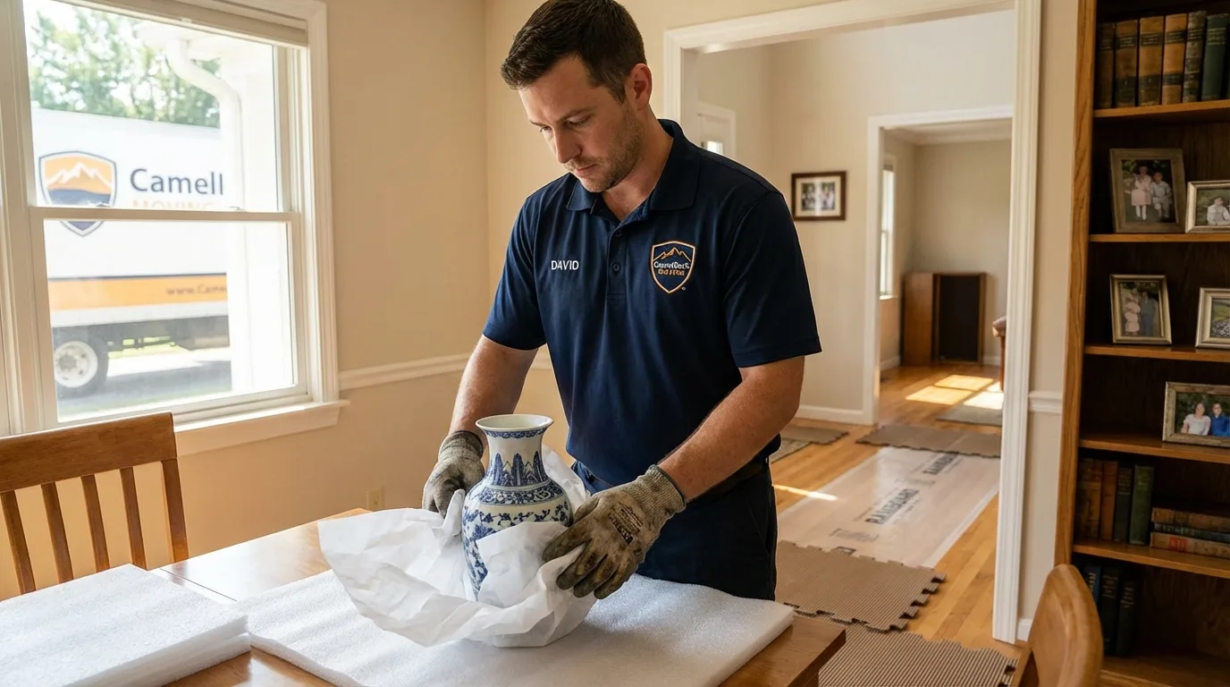 Professional crew carefully wrapping antique vase for senior downsizing move in Macon, GA